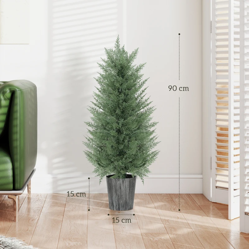 HOMCOM Set de 2 chiparoși artificiali mari 90cm plantă artificială din plastic în ghiveci 15 x 15 x 90 cm Grün