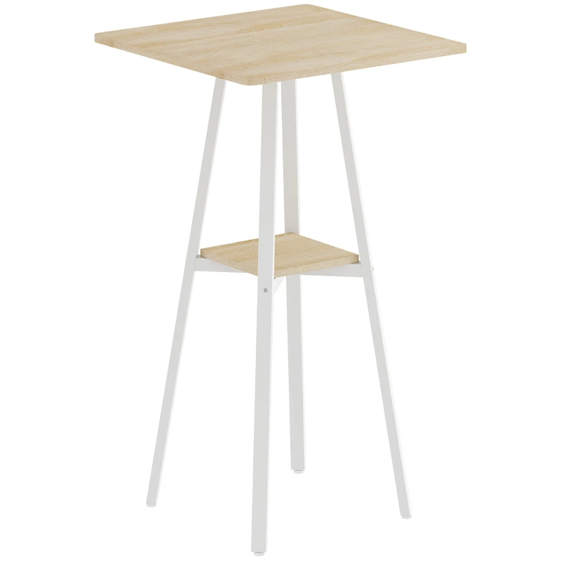 HOMCOM Table Haute de Cuisine Carrée avec Étagère pour 2 Personnes Pieds en Métal 55x55x95 cm Bois Naturel et Blanc