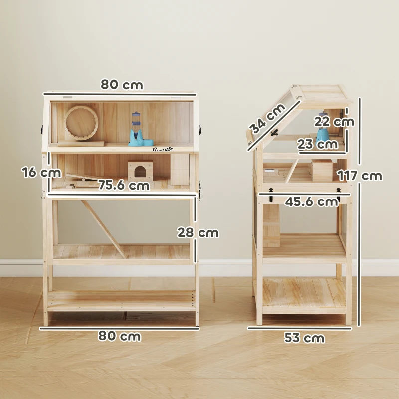 PawHut Cușcă pentru hamster din lemn 3 etaje Cușcă pentru rozătoare cu podea detașabilă Raft Roată Balansoar Rampă Căsuță 80x53x117cm Lemn natural