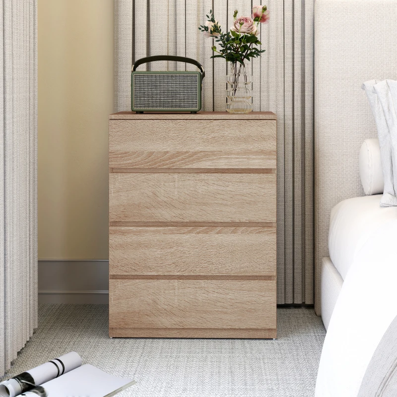 HOMCOM Commode 4 tiroirs en bois avec rails métalliques et poignées rainurées, 60x40x80 cm, couleur Hêtre