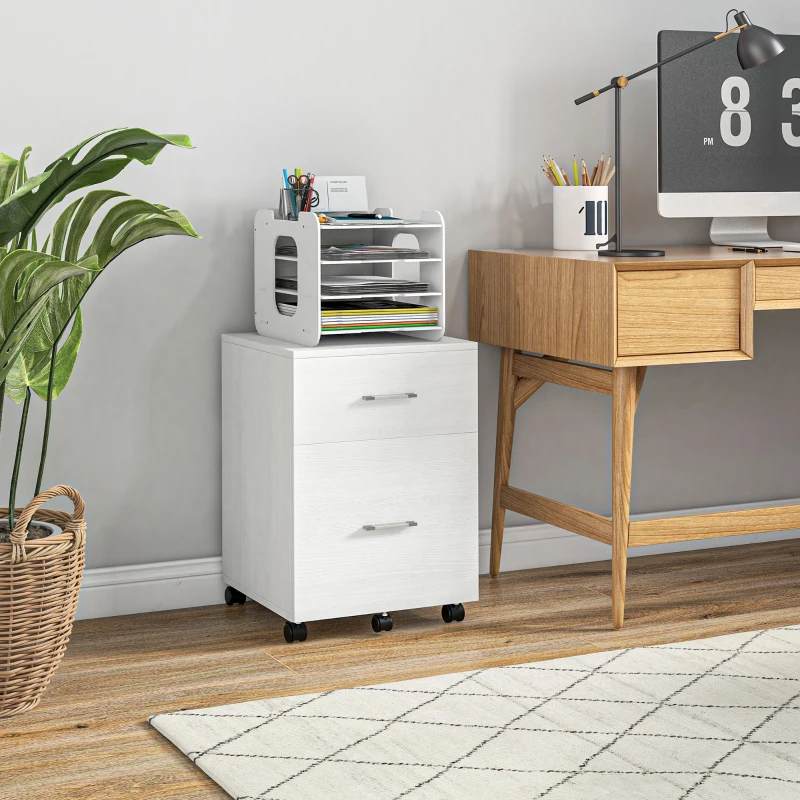 HOMCOM Comodă de birou cu 2 sertare Roți Arhivator mobil pentru fișiere A4 sau Letter 39,5x39x58,5 cm Alb