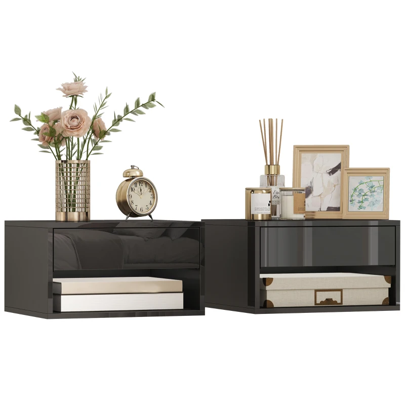 HOMCOM Set de 2 Noptiere suspendate Noptiere cu sertar pentru dormitor 37x32x21 cm Negru lucios