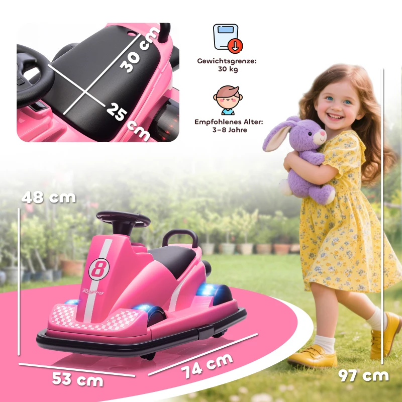 AIYAPLAY Autoscooter pour enfants, rotation à 360 degrés, volant, feux LED, fonction musique, 3-8 ans, Rose