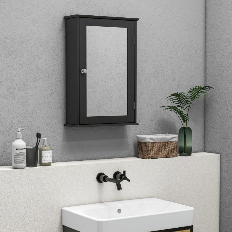 kleankin Meuble Mural de Salle de Bain avec Miroir et Porte à Fermeture Magnétique, 41x14x60 cm, Noir