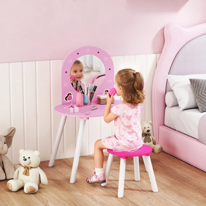 AIYAPLAY Coiffeuse enfant avec tabouret et miroir Coiffeuse pour filles ornée de cœurs pour garçons et filles de 3-6 ans rose