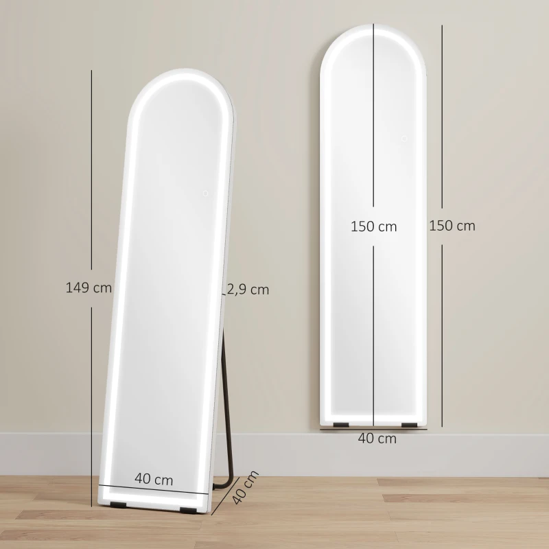 HOMCOM Miroir pleine longueur avec lumières LED, 150 x 40 cm, en arc, dimmable, 3 couleurs de lumière, sur pied ou fixation murale, Blanc