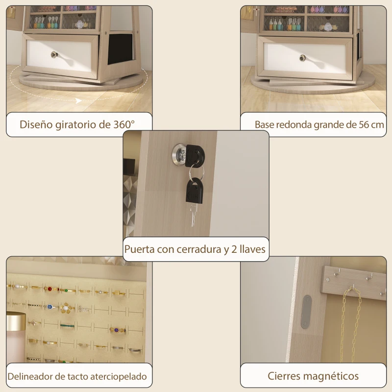 HOMCOM Schmuckschrank mit LED-Licht, Ganzkörperspiegel, 360° drehbar, Schublade, Schloss, Natur