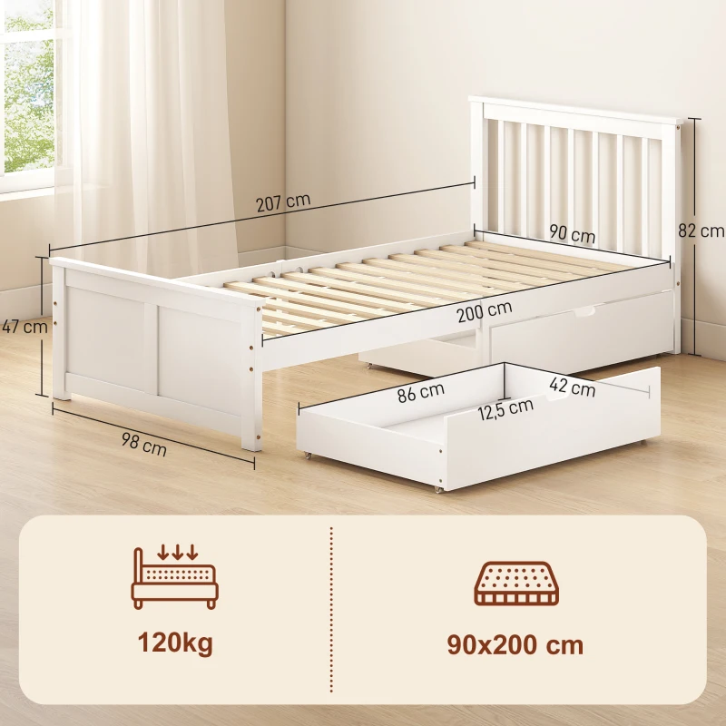 HOMCOM Cadre de lit simple, cadre en bois, tiroirs sur roulettes, pas de sommier nécessaire, 90 x 200 cm, Blanc