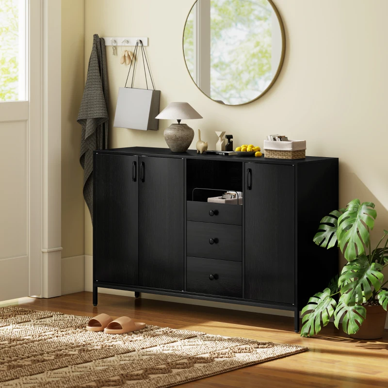 HOMCOM Buffet 3 Portes Buffet de Salon avec 3 Tiroirs Étagères Réglables pour Cuisine Entrée Noir 143,5x40x90 cm