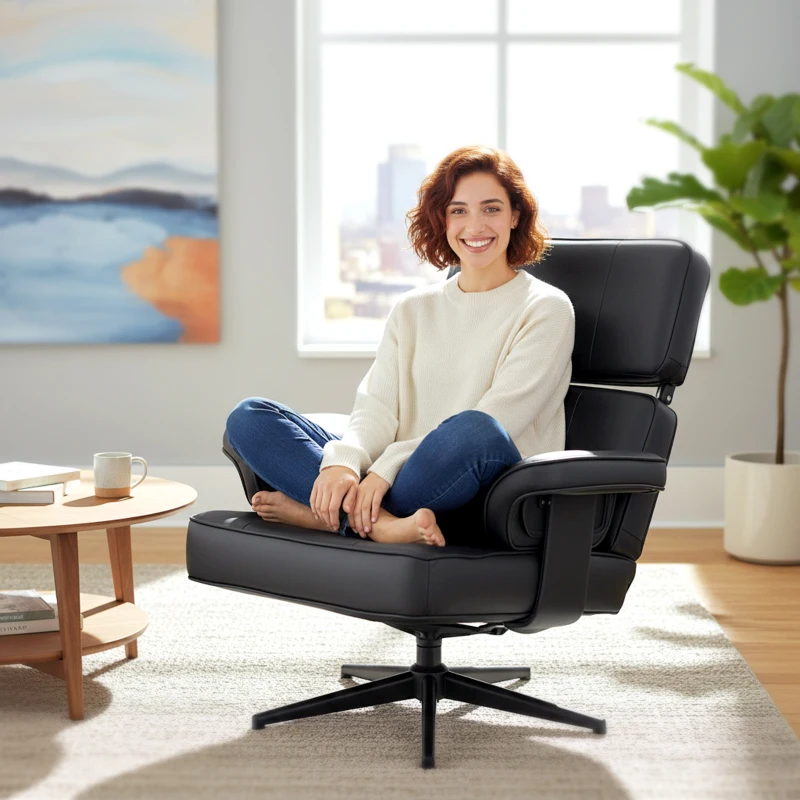 HOMCOM Fauteuil inclinable réglable avec repose-pieds, revêtement en simili cuir, appuie-tête réglable en hauteur, base métallique, Noir