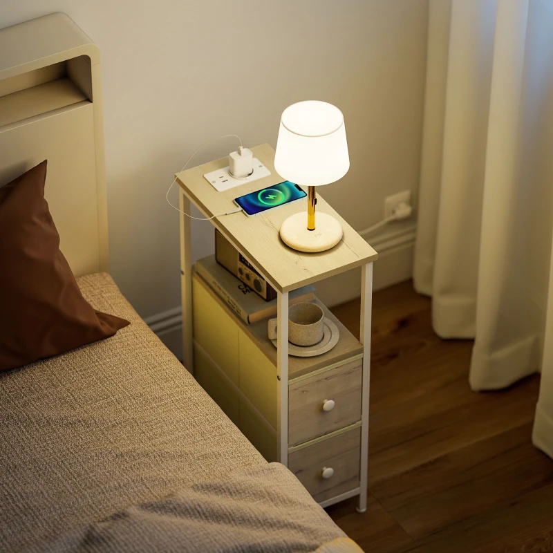 HOMCOM Lot de 2 Tables d'Appoint Étroites avec Prise CA Port USB Port USB-C 2 Tiroirs en Tissu Bois naturel