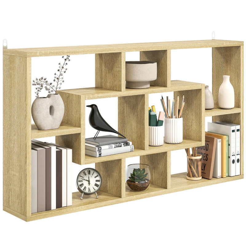HOMCOM Etajeră de perete decorativă Raft pentru cărți, CD-uri cu 8 cuburi 85x14,5x47,5 cm Stejar