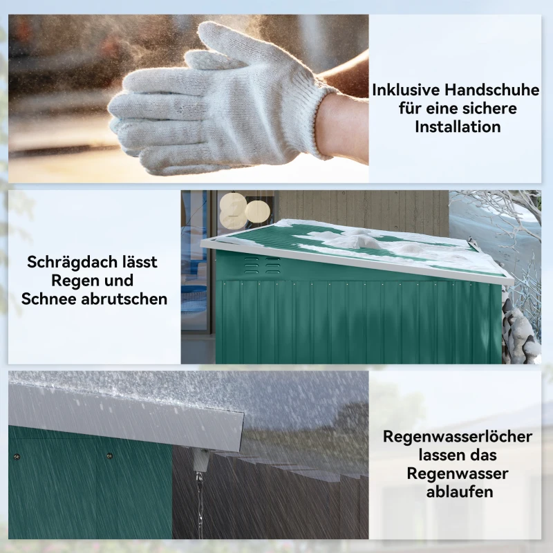 Outsunny Abri métallique de rangement pour outils de jardin, avec fenêtre, porte large, 260 x 177 x 190 cm, Vert