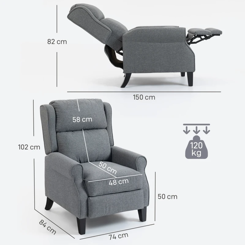 HOMCOM Fauteuil inclinable 132° max en tissu effet lin avec repose-pieds, 74x84x102 cm, Gris