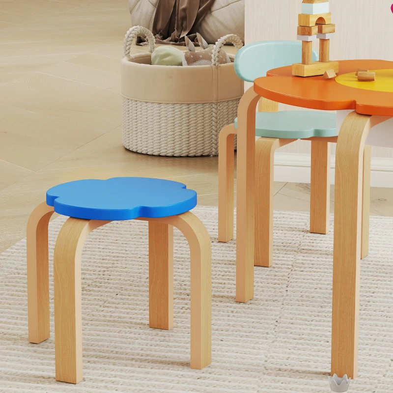 AIYAPLAY Ensemble table et chaises 5 pièces, avec pochette de rangement, forme de fleur, pour salle de jeux, chambre d'enfant, bois, multicolore