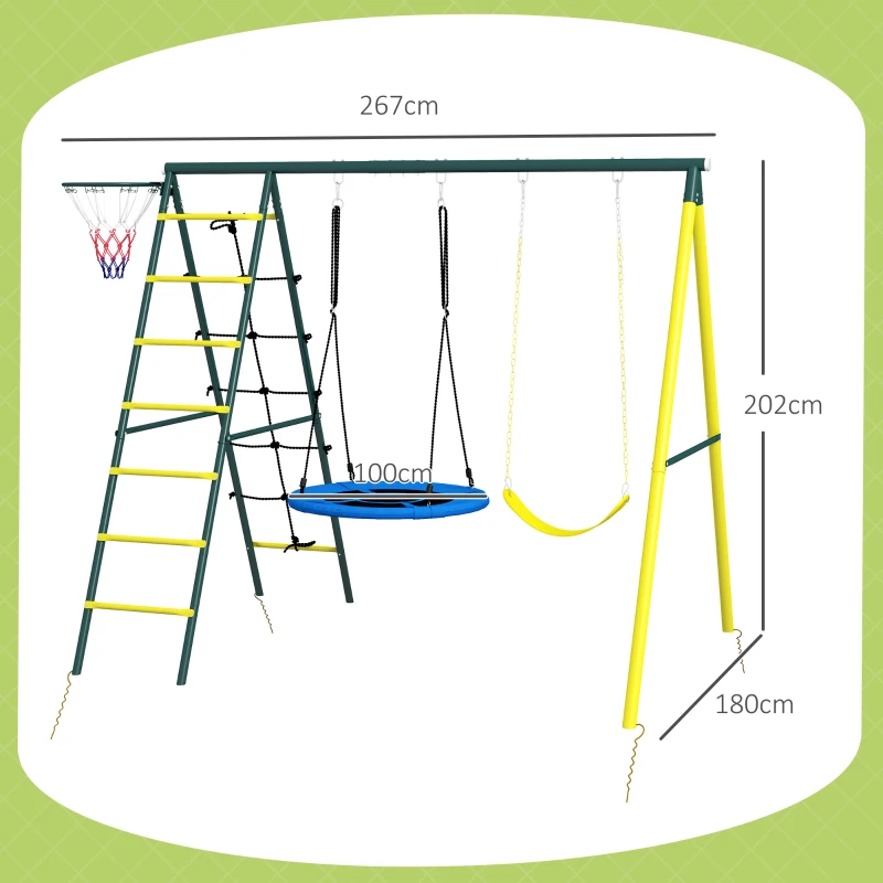 Outsunny Kinderschaukel 4-in-1 mit Nest- und Einzelschaukel Kletternetz Basketballkorb Leiter Gelb