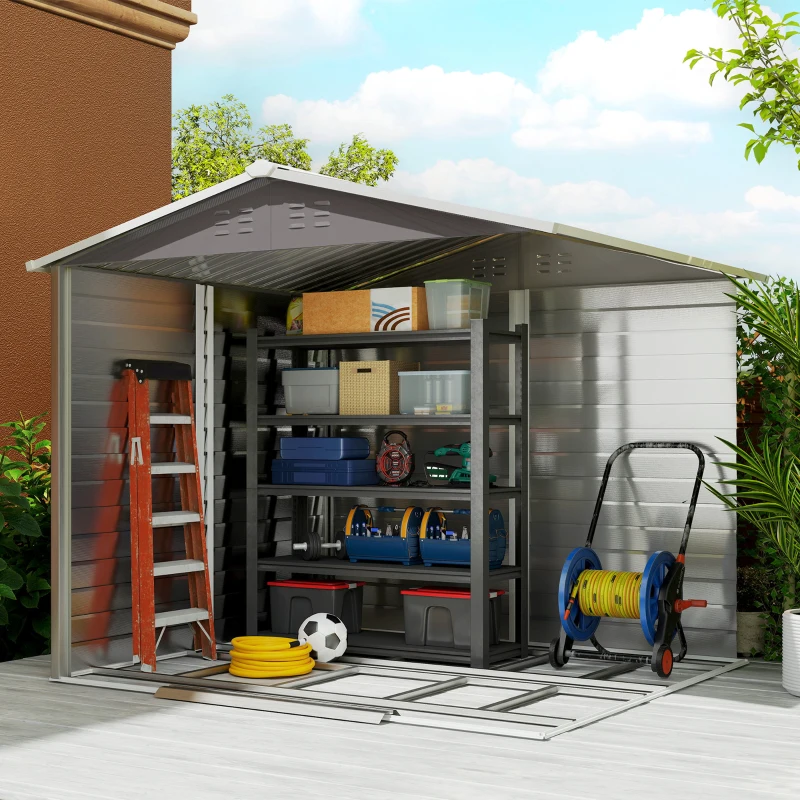 Outsunny Remise à outils en métal, résistante aux intempéries et inoxydable, verrouillable,  2,40 x 2,06 x 1,98 m, Gris clair