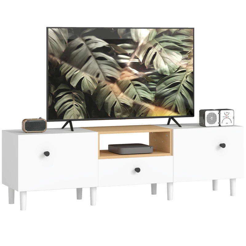 HOMCOM Meuble TV max 177,8 cm avec 2 Portes à Abattant, Tiroir et Étagère Ouverte, en Bois, 150x35x45 cm, Blanc et Couleur Bois