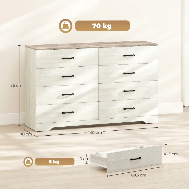 HOMCOM Moderne Kommode 8 Schubladen aus Holz, 140x40x86 cm, Nussbaum und Hellgrau