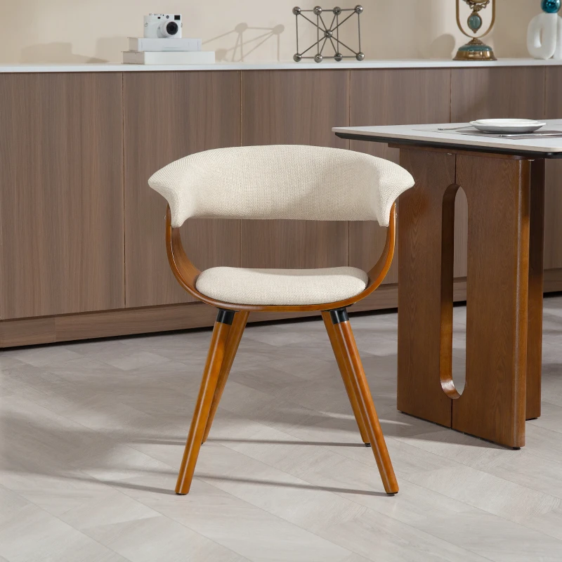 HOMCOM Sedia pranzo in tessuto effetto lino con schienale curvo e gambe in legno, Beige