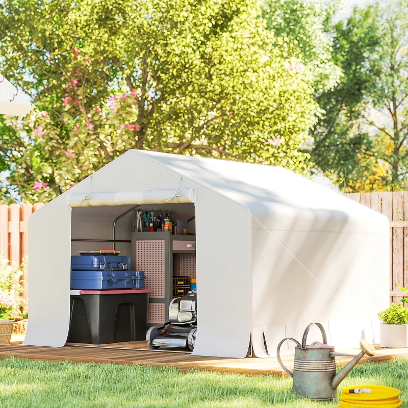 Outsunny Gartenschuppen und Garagenzelt 3x3 m Wasserdicht mit Aufrollbarer Tür, Metall und PE, Weiß