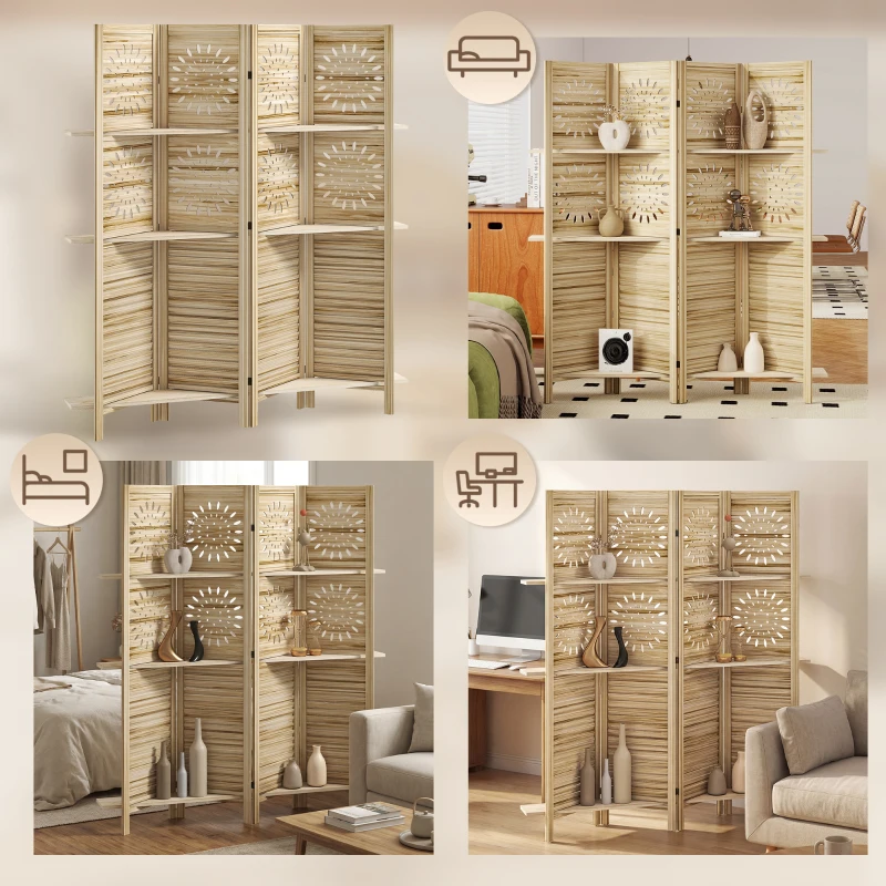 HOMCOM Paravan interior 4 panouri și 3 rafturi, 160 x 170 cm, separator de cameră pliabil, lemn de paulownia, lemn natural