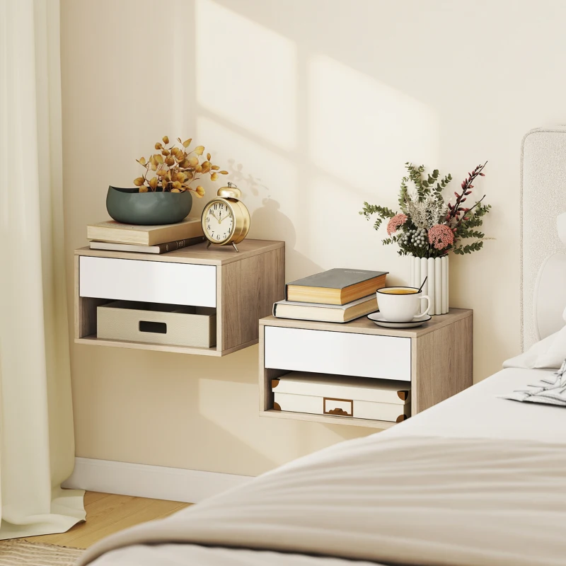 HOMCOM Set mit 2 wandmontierten Nachttischen, Schublade, offenes Fach, Ablage, 37 x 32 x 21 cm, Naturholz