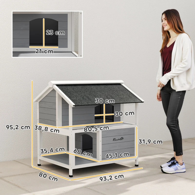 PawHut Maison pour chat extérieure, refuge pour chat d'extérieur, étanche, toit rabattable, bois d'épicéa, 80 x 93 x 95, Gris