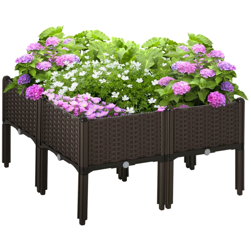 Outsunny Set di 4 Pezzi Fioriera Rialzata con Fori di Drenaggio, Effetto Rattan, 40x40x44 cm, Marrone