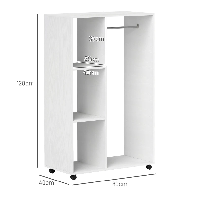 HOMCOM Armadio appendiabiti su ruote con barra e ripiano, 80x40x128 cm, Bianco