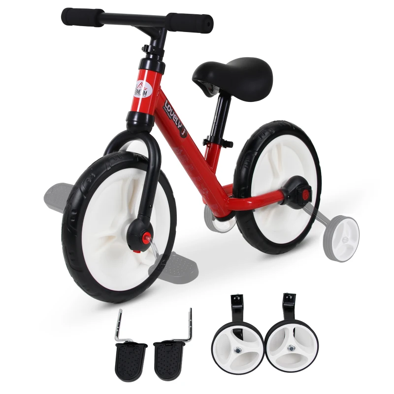 HOMCOM Bici equilibrio bambini con rotelle e sedile regolabile, Rosso