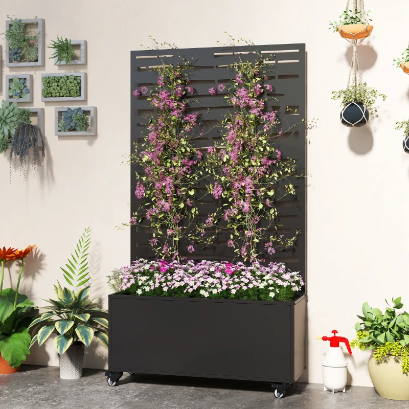 Outsunny Jardinieră cu spalier, cuvă din metal pentru flori cu panou pentru intimitate și roți, spalier decupat în lamele, 90x30x160cm, negru