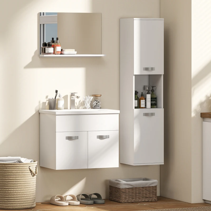 kleankin 4-teiliges Badmöbelset, wandmontiert, mit Spiegel, Unterschrank, Waschbecken und Hochschrank, Weiß