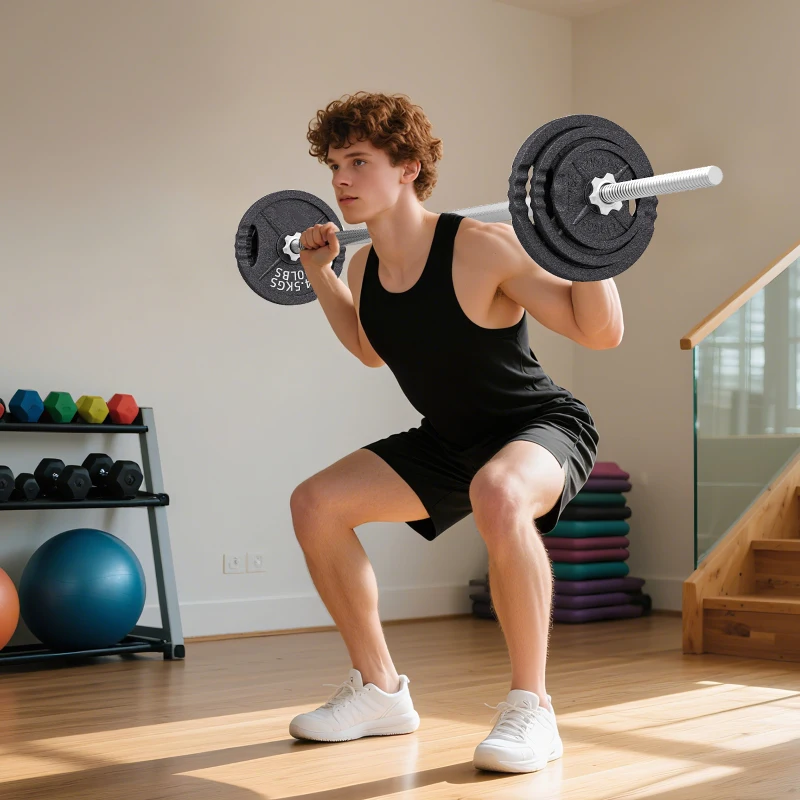 SPORTNOW Poids pour salle 2 en 1 42 kg avec 14 disques, barre longue et haltères, en acier, 180x24x24 cm, noir