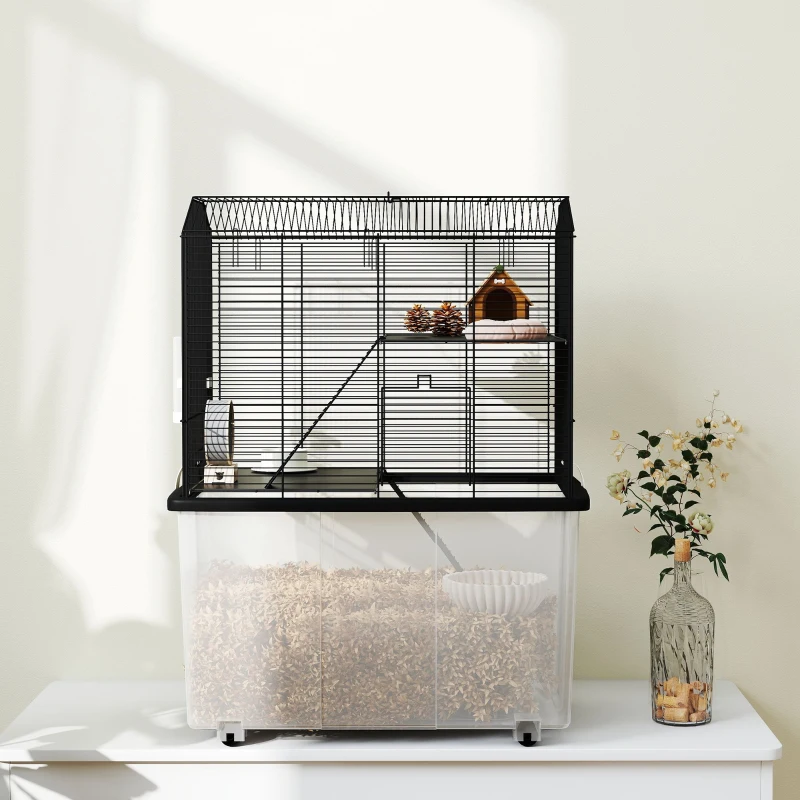 PawHut Cușcă pentru hamster cușcă rozătoare 3 etaje cu roți platformă și scară din sârmă de oțel 57 x 43 x 74 cm negru