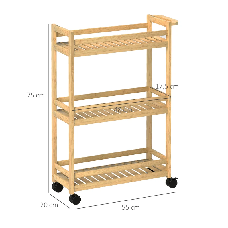 HOMCOM Carrello servitore 3 livelli in bambù con ripiani a doghe, 55x20x75 cm