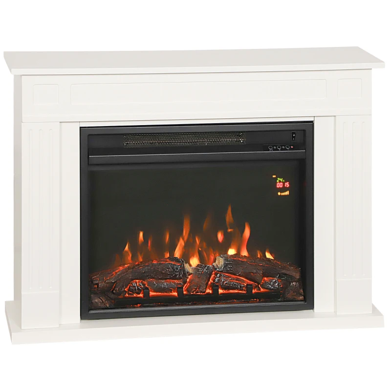 HOMCOM Cheminée Électrique avec Flamme à 5 Niveaux, Télécommande et Minuterie, 98x23.5x69.5 cm, Blanc et Noir