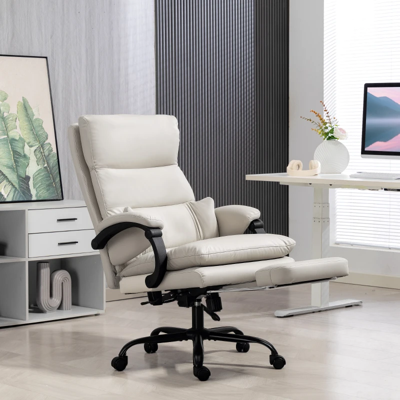 HOMCOM Chaise de bureau Fauteuil de bureau réglable en hauteur avec soutien lombaire, accoudoirs, repose-pieds, en similicuir, Gris clair