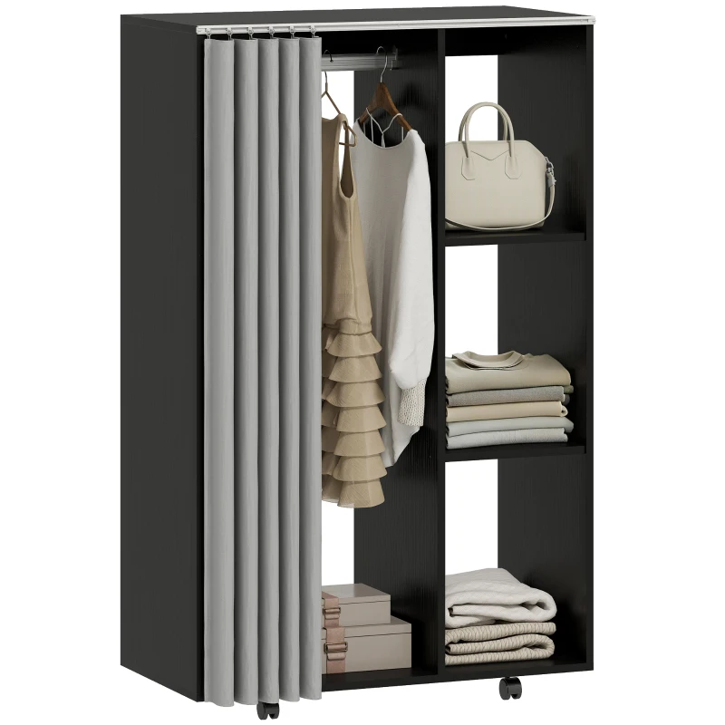 HOMCOM Mobiler Kleiderschrank mit 4 Rollen, Kleiderstange und offenen Regalen, 80 x 40 x 128 cm, schwarz
