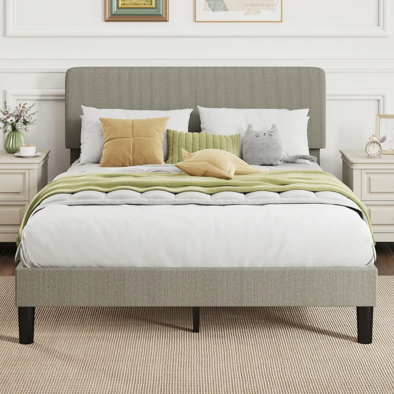 HOMCOM Bettgestell 140 x 190 cm, Lattenrost aus Holz, verstellbares Kopfteil, gepolstertes Doppelbett aus Cordvelours, grau