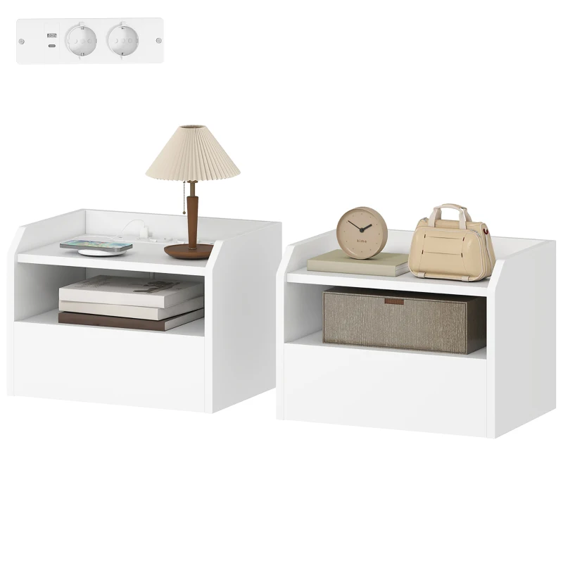 HOMCOM Set 2er Schwebende Nachttische mit Ladestation Schublade Offenes Fach 40x29x29 cm Weiß