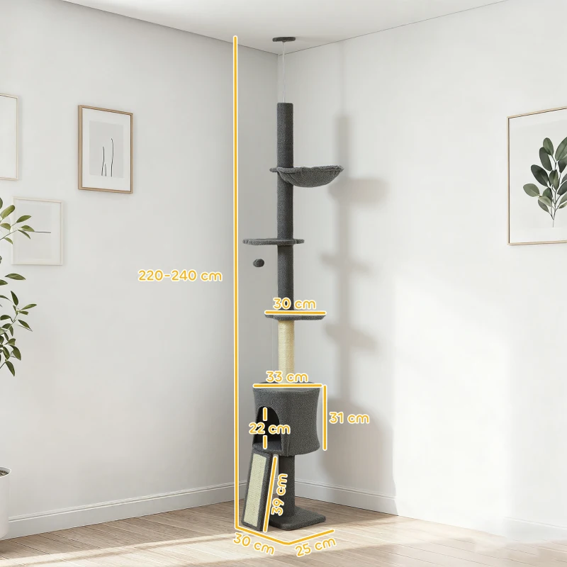 PawHut Arbre à Chat Plafonnier Haut 220-240 cm avec Hamac, Maisonnette, Plateformes en Fleur et Poteaux en Sisal, Gris