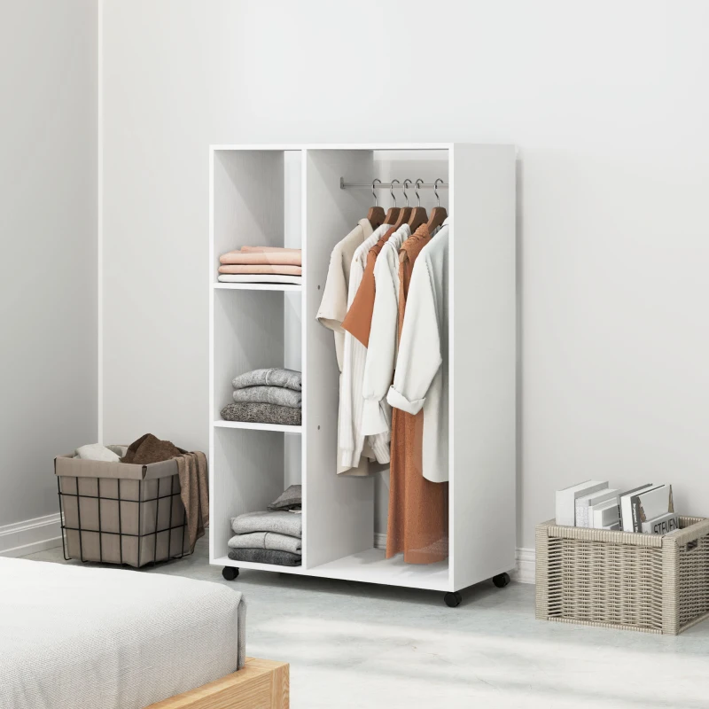 HOMCOM Armadio appendiabiti su ruote con barra e ripiano, 80x40x128 cm, Bianco