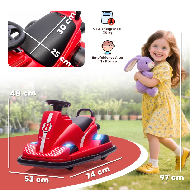 AIYAPLAY Autoscooter pour enfants, rotation à 360 degrés, volant, feux LED, fonction musique, 3-8 ans, Rouge