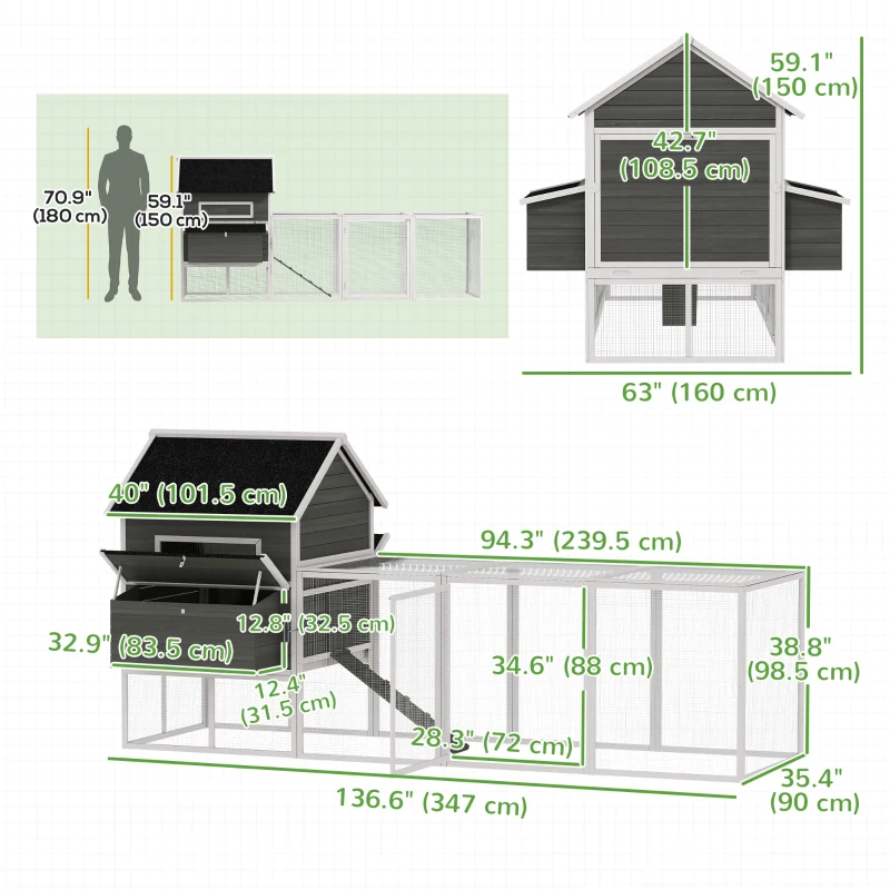 PawHut Coteț pentru găini din lemn cu volieră cuib acoperiș din șindrilă tavă glisantă pentru 8-10 găini 347x160x150 cm Gri închis