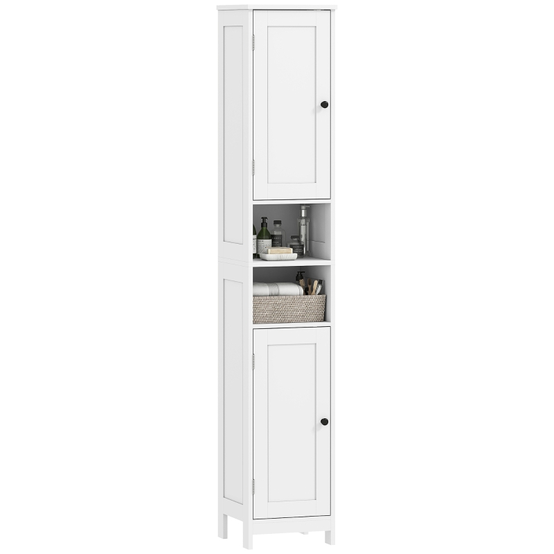 HOMCOM Colonne de Salle de Bain avec 2 Étagères Ouvertes et 2 Armoires avec Étagères Réglables, en Bois, 30x30x170 cm, Blanc