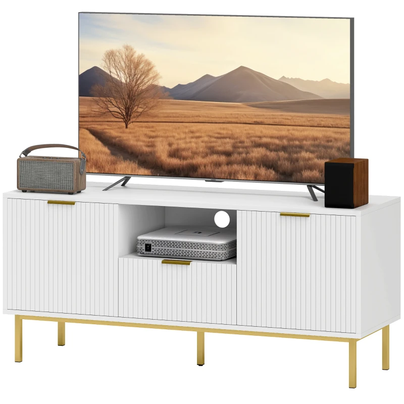 HOMCOM Comodă TV, mobilier TV pentru 127 cm cu 2 uși cu închidere silențioasă, sertar și compartiment deschis, 120x39x54cm, alb