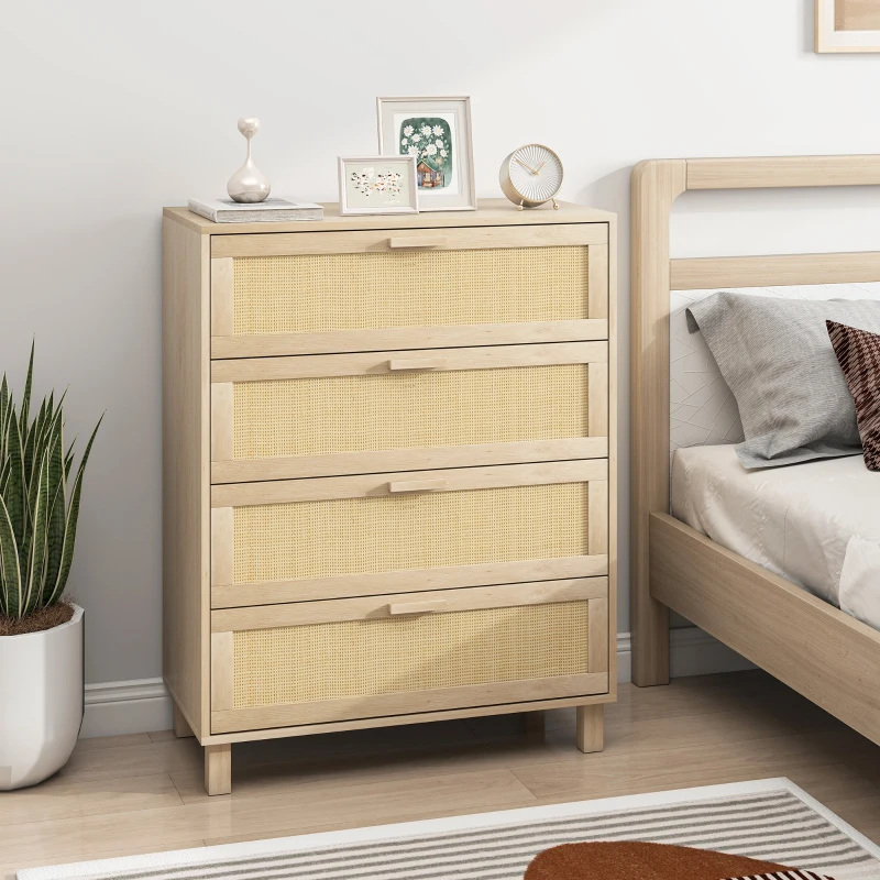 HOMCOM Comodă 4 sertare cannage din ratan dim. 80L x 40l x 103H cm MDF Aspect Lemn Deschis