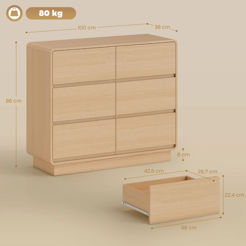 HOMCOM Buffet 100 cm, meuble buffet à 6 tiroirs, commode pour cuisine, salon, salle à manger, bois naturel