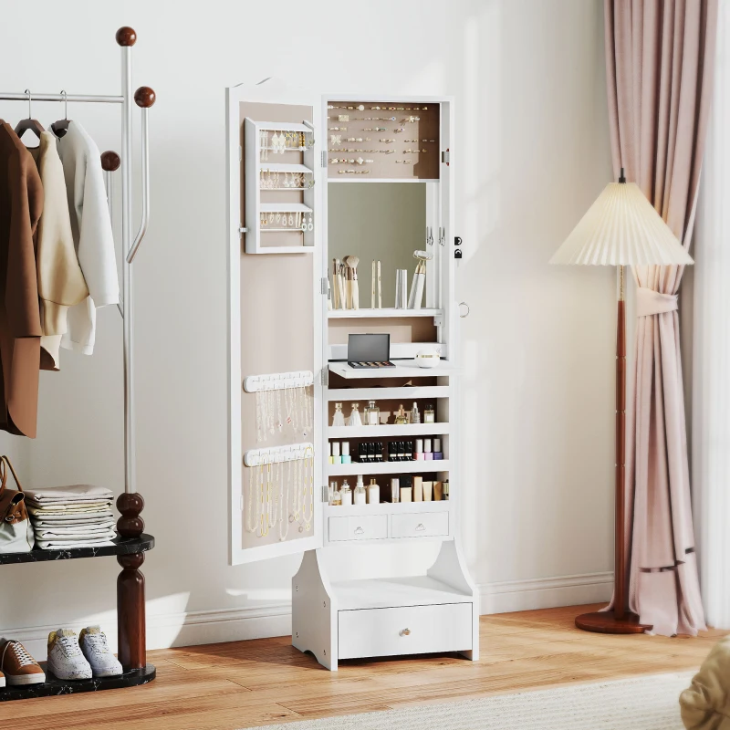 HOMCOM Schmuckspiegel mit LED-Leuchten Schmuckschrank mit Ganzkörperspiegel und verstellbarem Winkel Schubladen Klappbare Innenablage Weiß